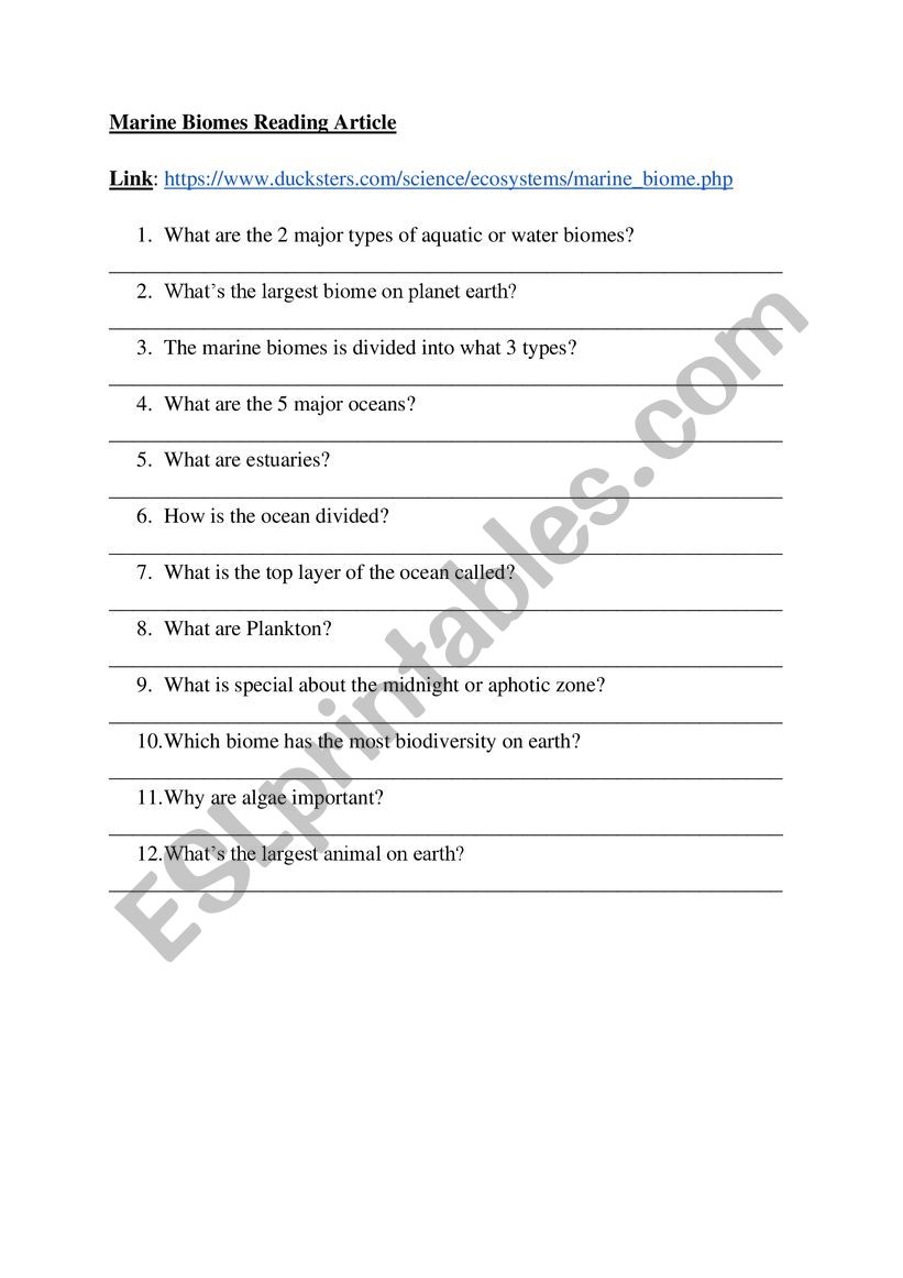 Marine Biomes Reading Article - ESL worksheet by borotraj Within 4 4 Biomes Worksheet Answers