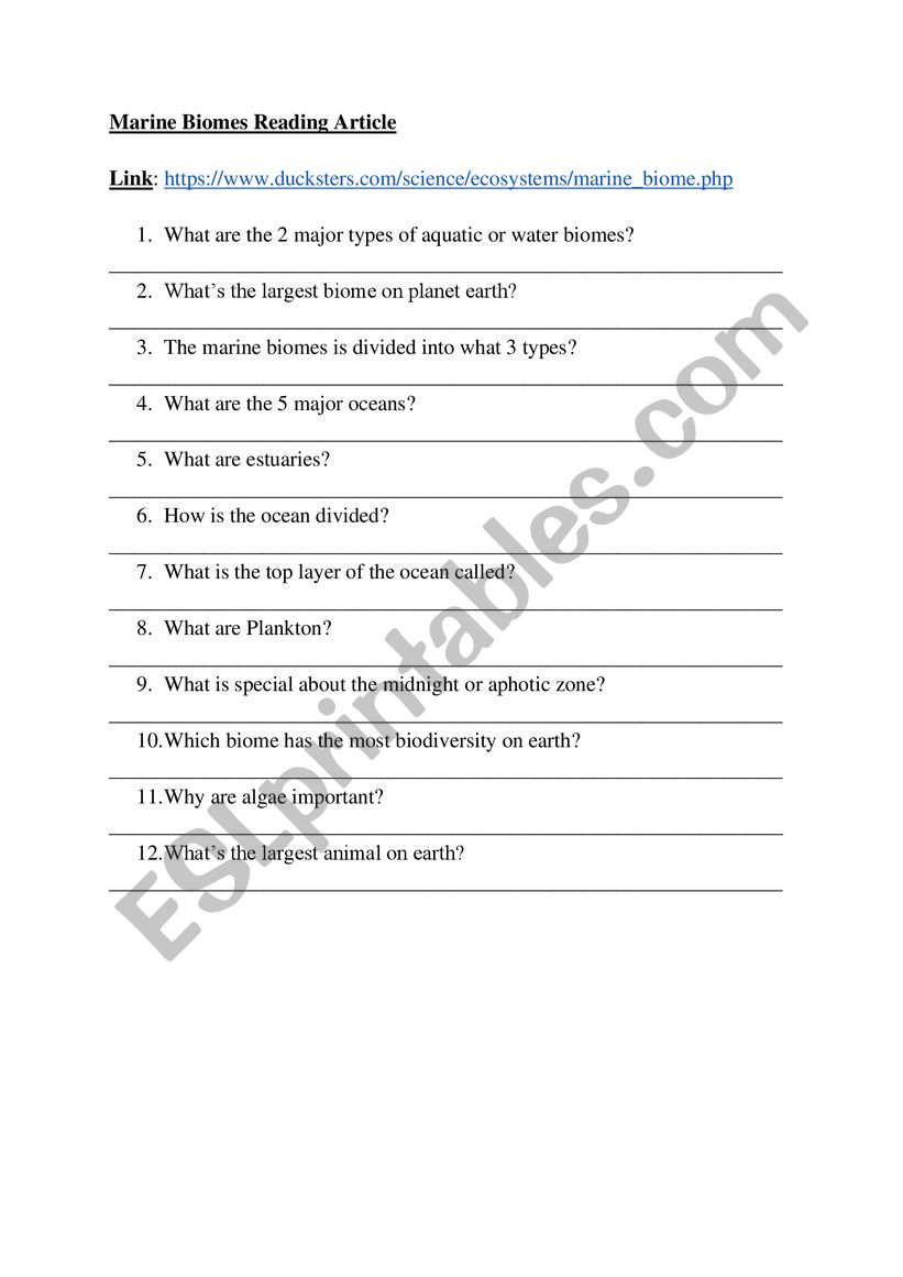 Marine Biomes Reading Article worksheet