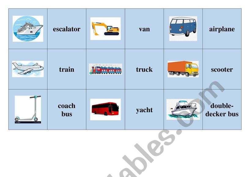 Vehicles (matching cards) worksheet