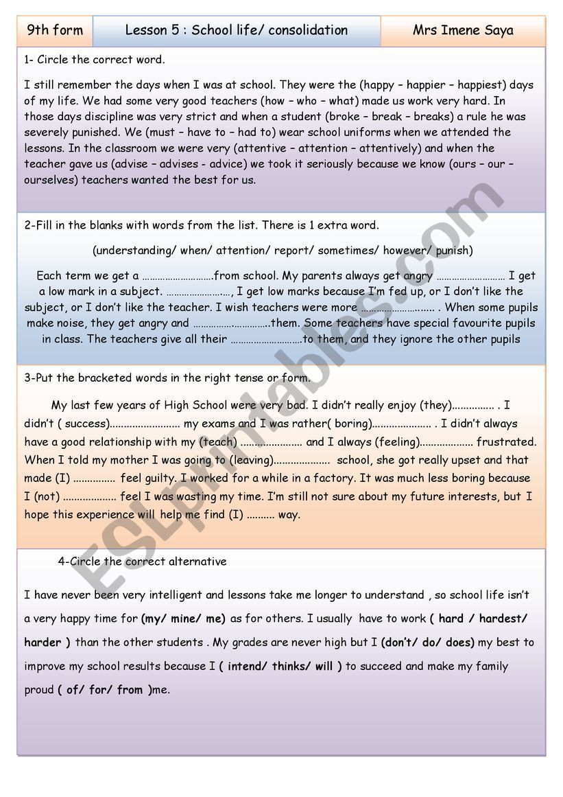 Module 2 Lesson 5 school Life consolidation 9th form Tunisia