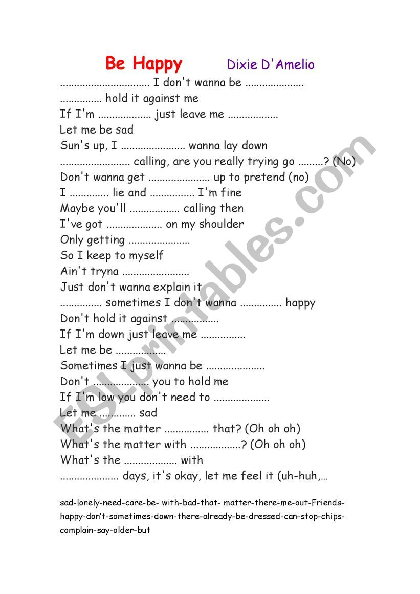song be happy by dixie worksheet