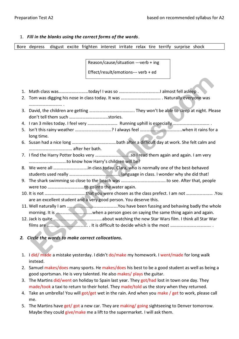 Preparation test A2 worksheet