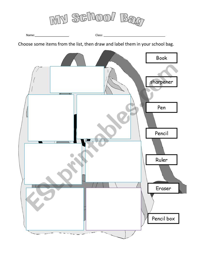 Stationary - My School bag worksheet