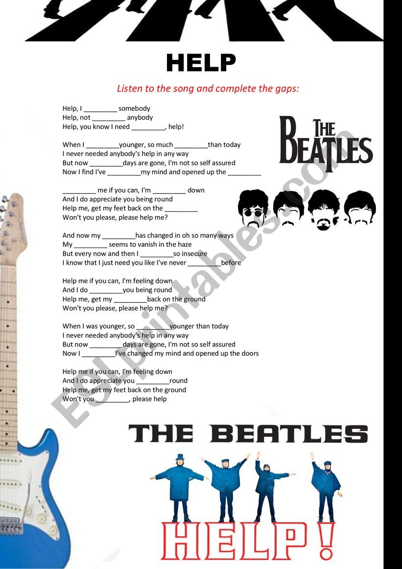 Help Beatles song activity worksheet
