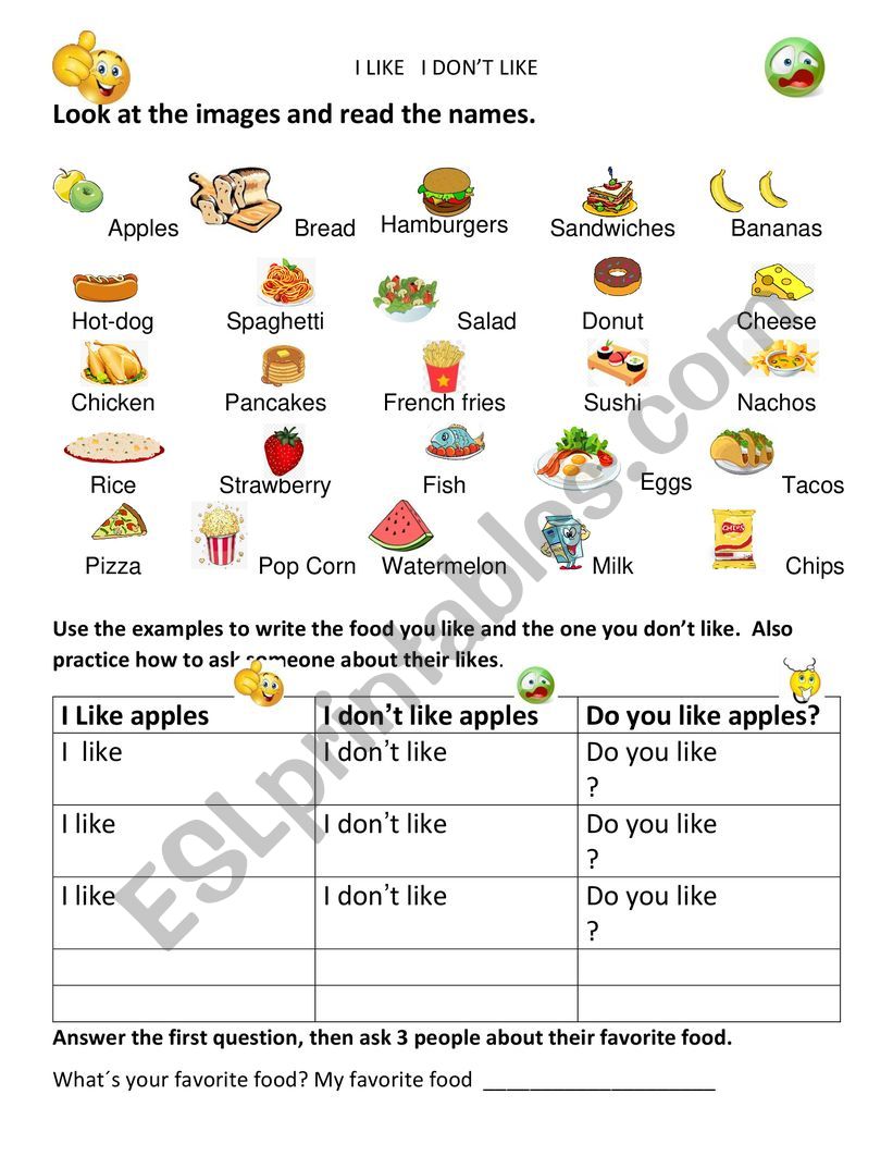 Likes dislikes Food vocabulary - ESL worksheet by monicadahe