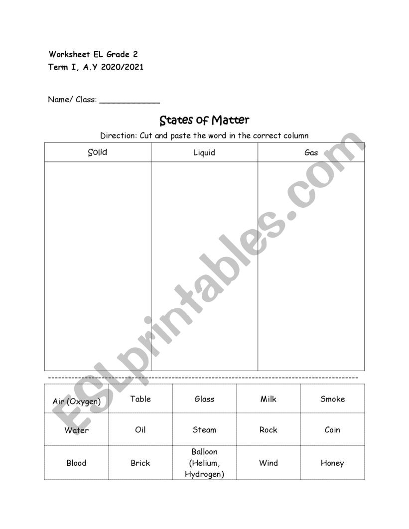 States of Matter worksheet