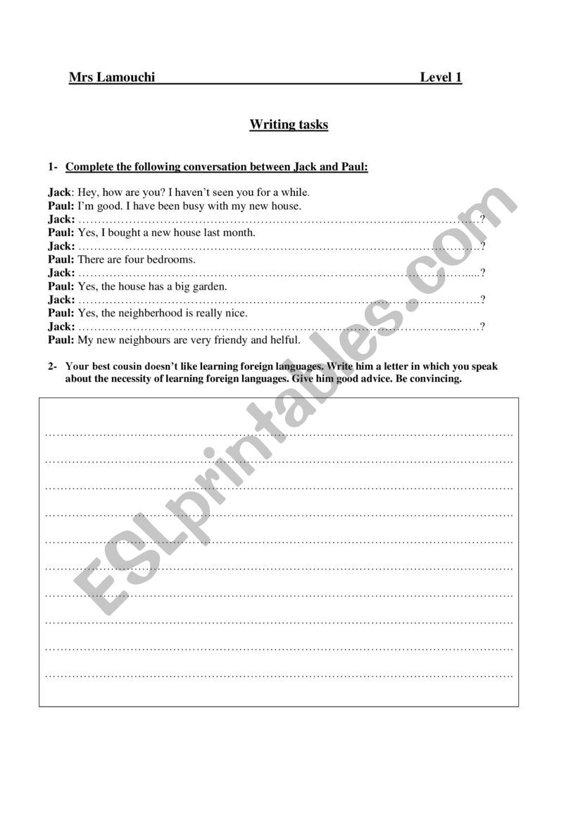 Writing tasks level 1 worksheet