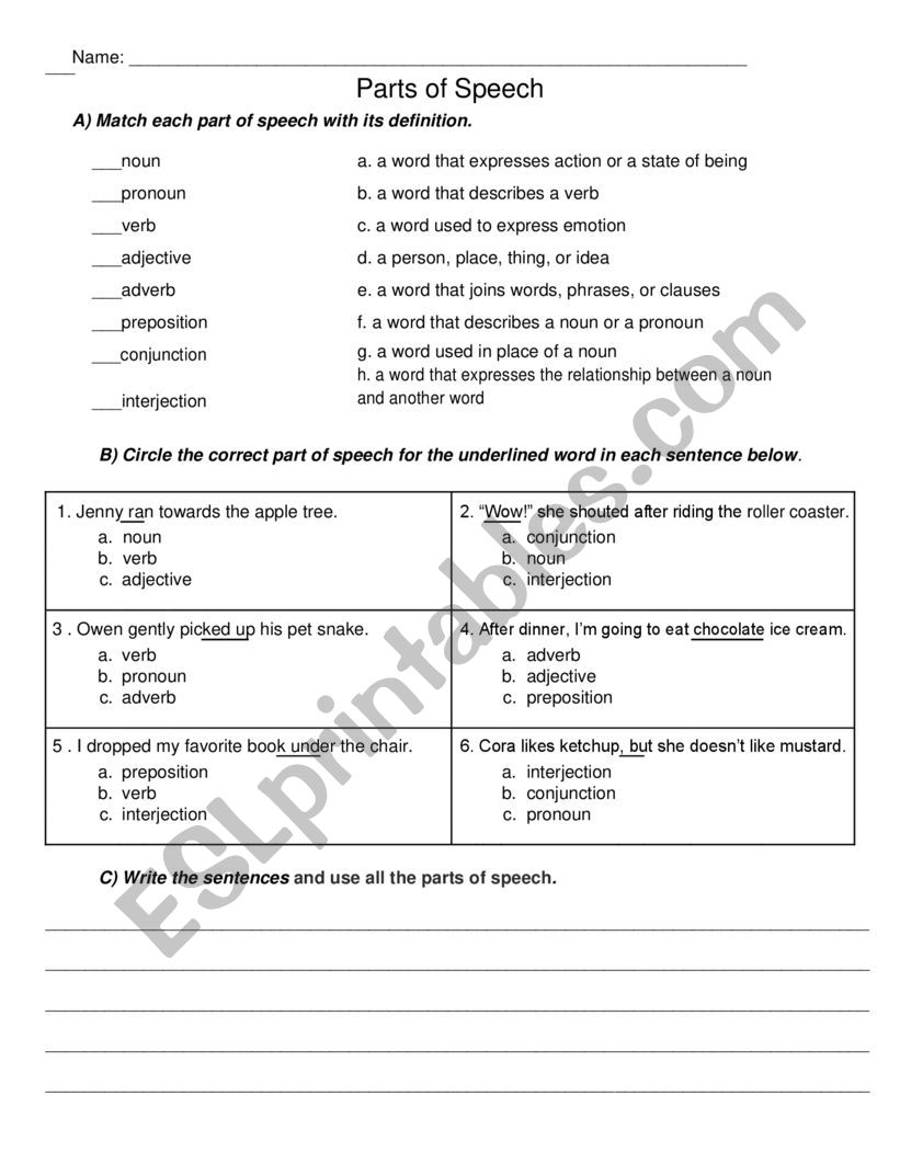 parts of speech worksheet worksheet