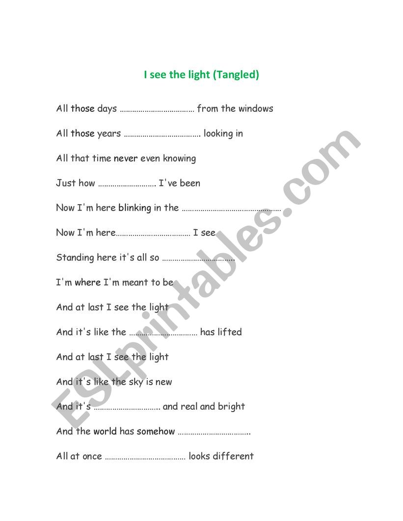 I see the light Tangled worksheet