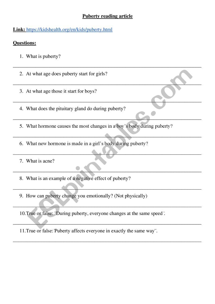 Puberty reading comprehension worksheet