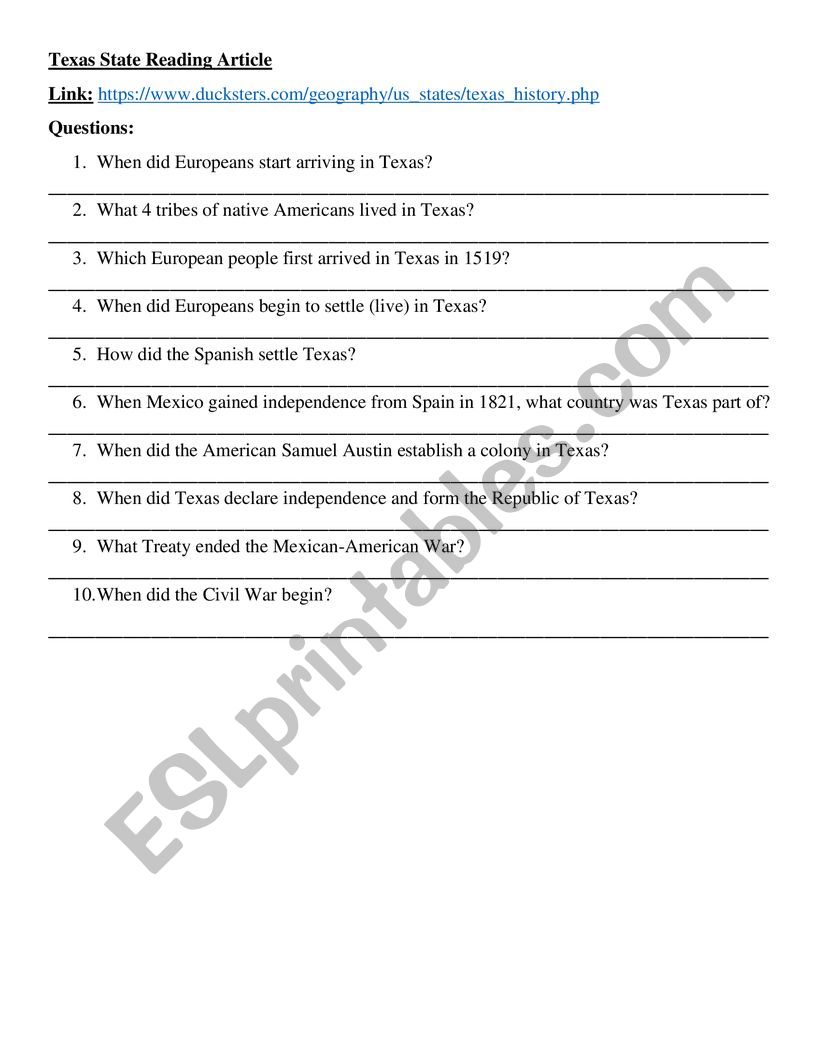 Texas State Reading Article worksheet
