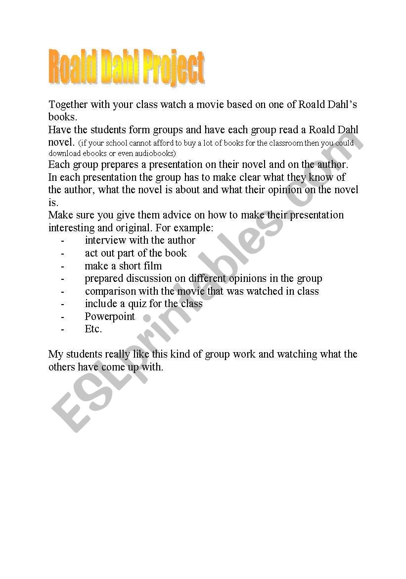 Roald Dahl project worksheet