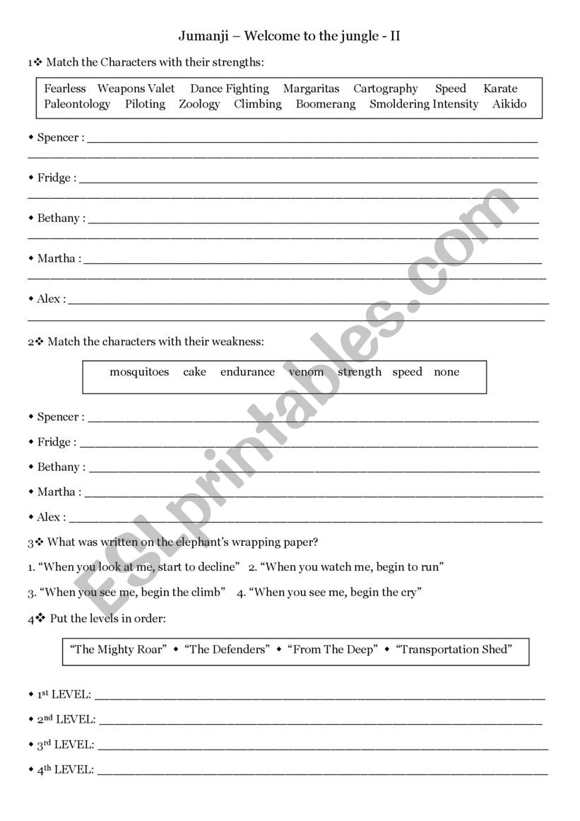 Jumanji worksheet