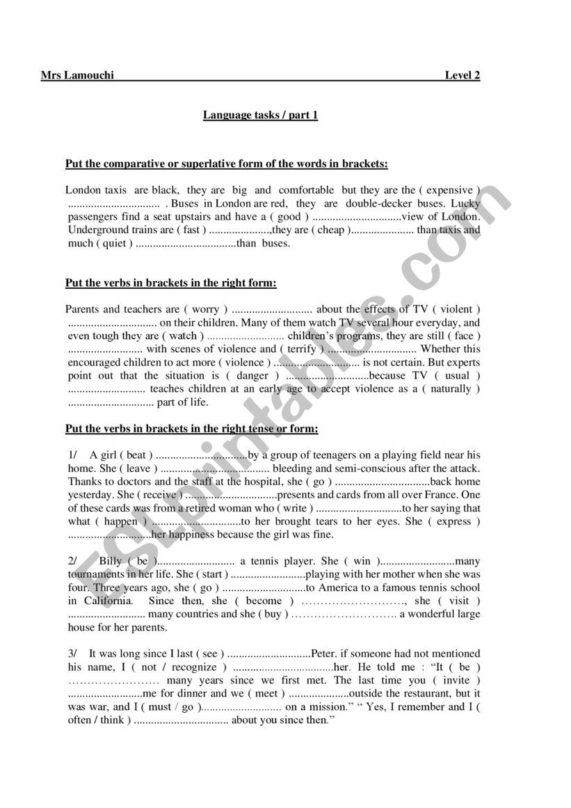 Language tasks / level 2 worksheet