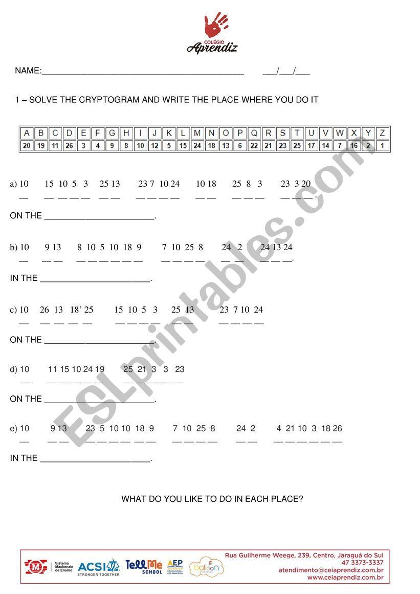 PLACES AND ACTIVITIES worksheet