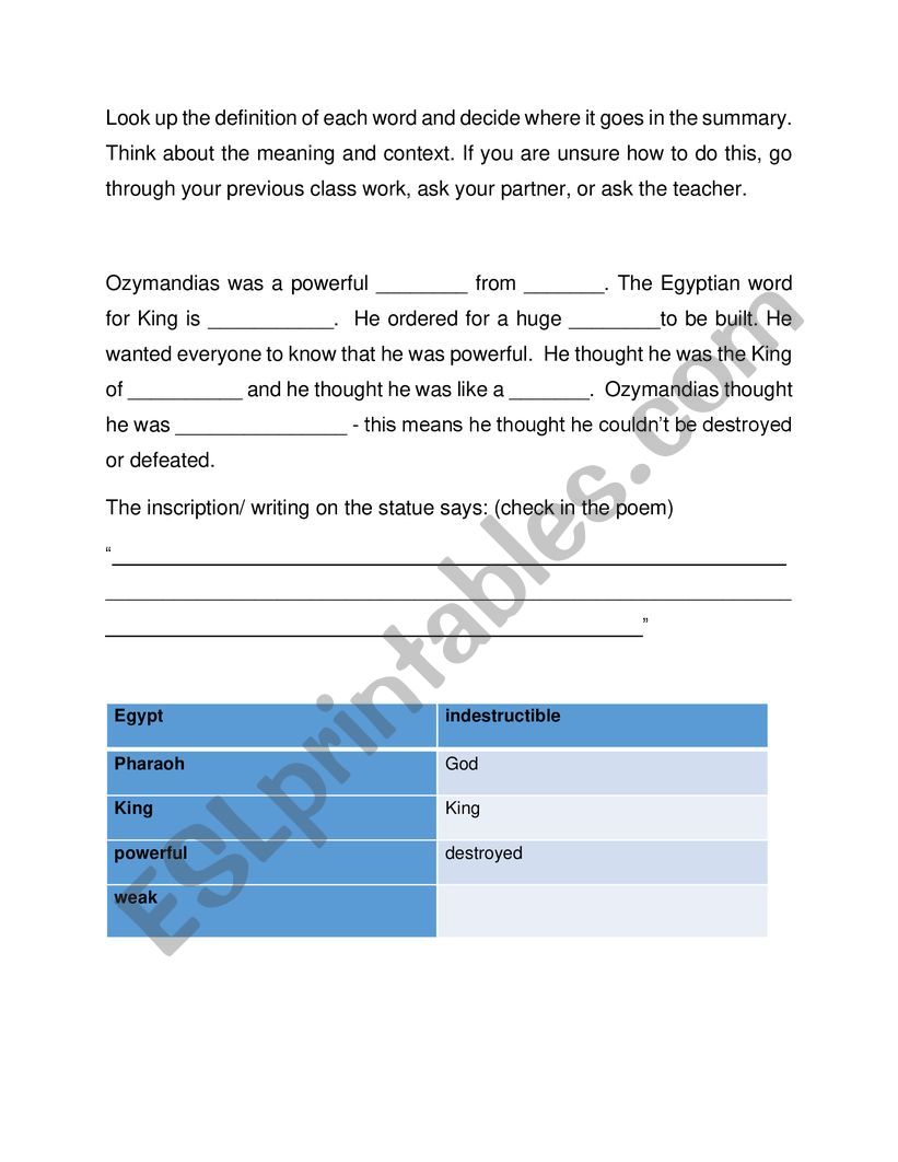 Ozymandias Summary LA Comprehension