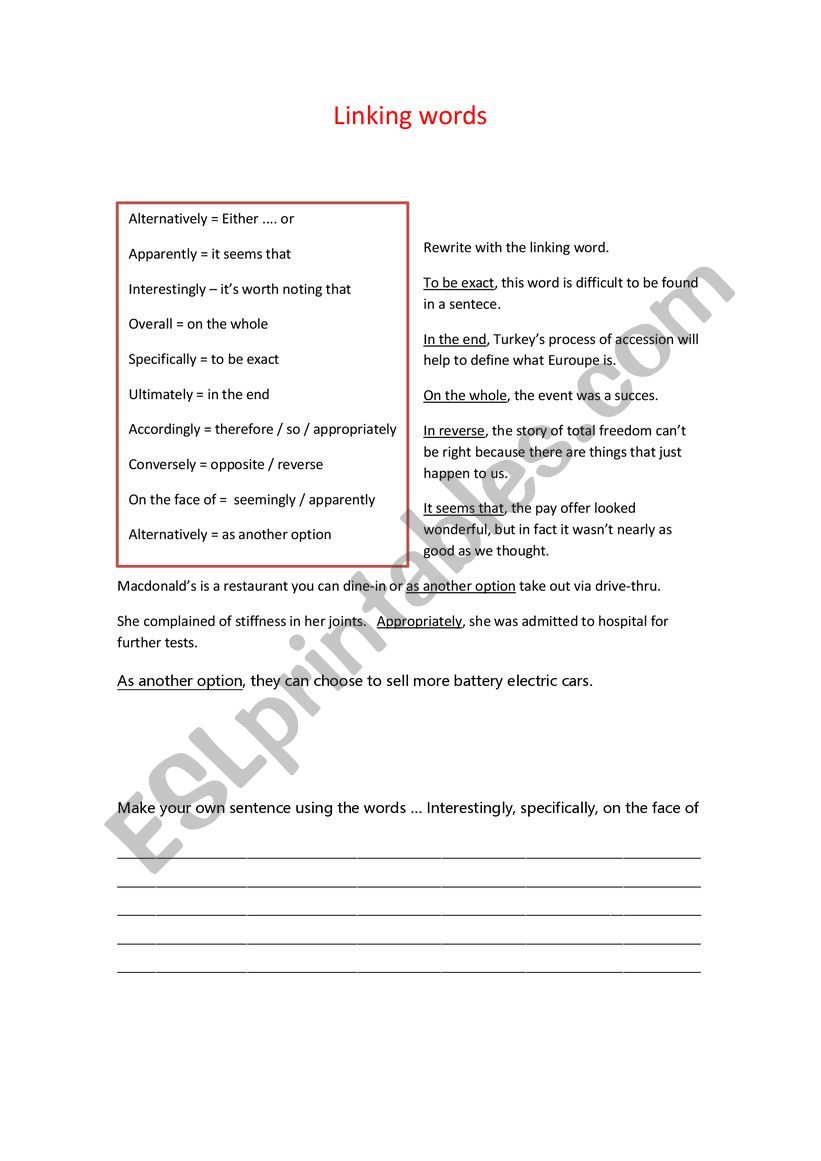 Linking words worksheet