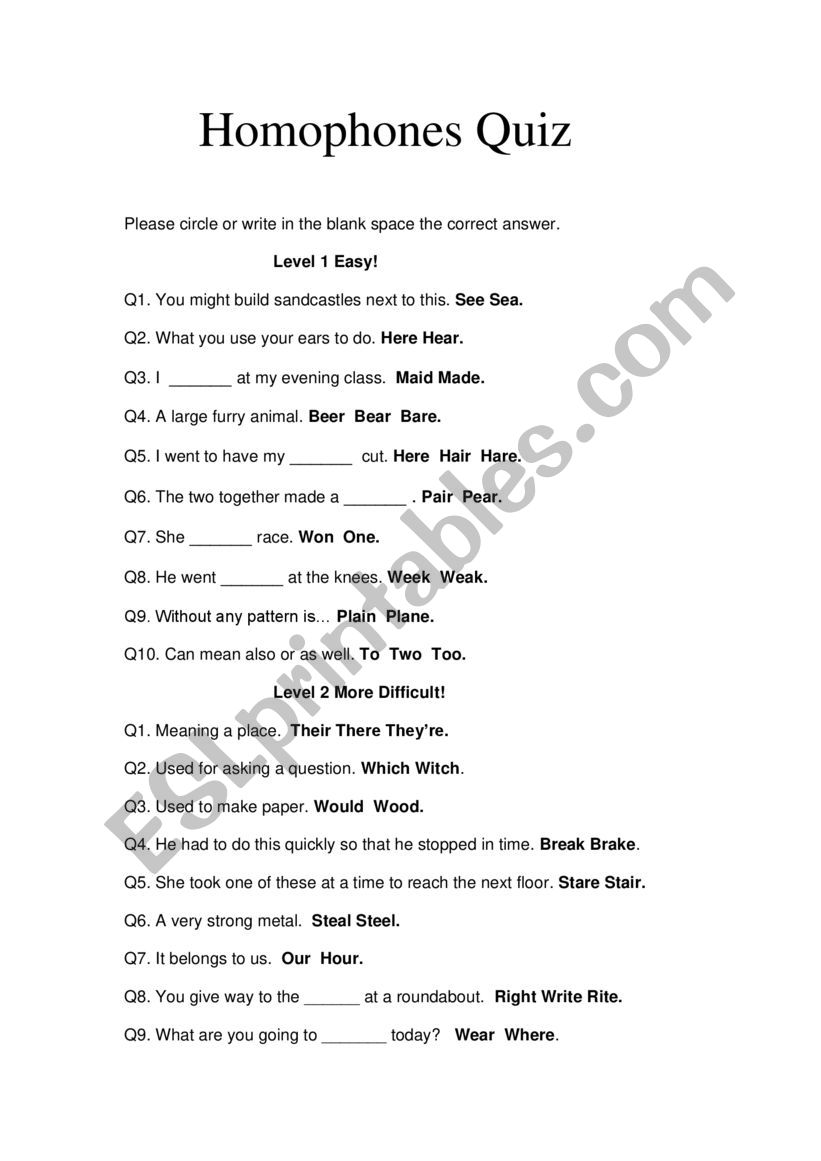 Homophones Quiz worksheet