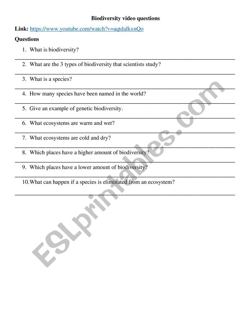 Biodiversity video questions  worksheet
