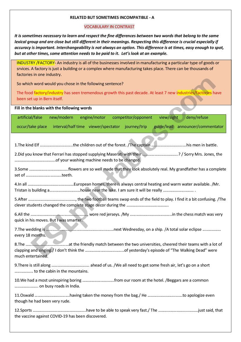VOCABULARY IN CONTRAST -A worksheet