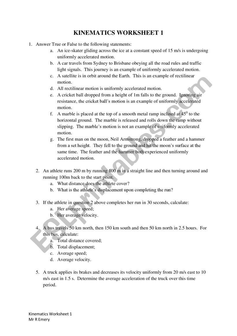 Kinetematics Worksheet 1 worksheet