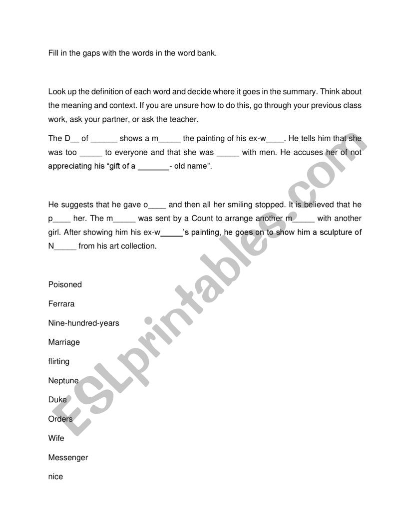 My Last Duchess Summary ESL worksheet