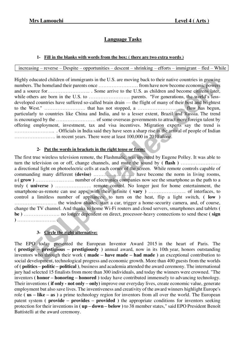 Language tasks level 4 / Arts worksheet