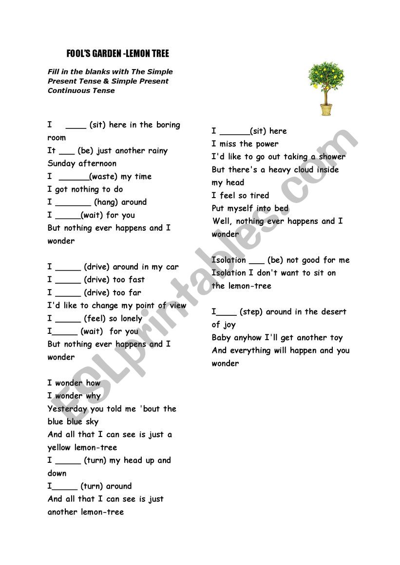 Lemon tree present continuous worksheet