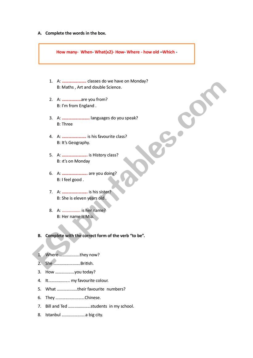 WH-QUESTIONS AND TO BE  worksheet