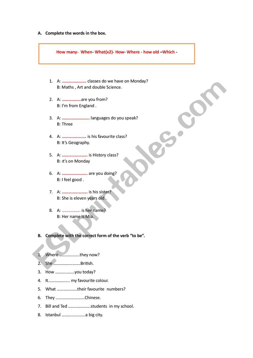 WH-QUESTIONS AND TO BE  worksheet