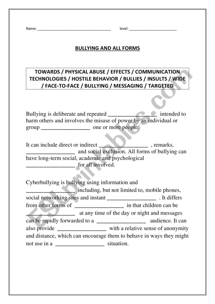 CYBERBULLYING worksheet