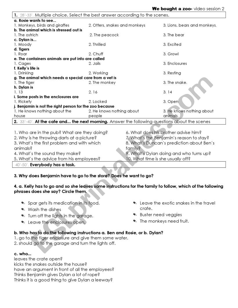We Bought a Zoo - part II worksheet