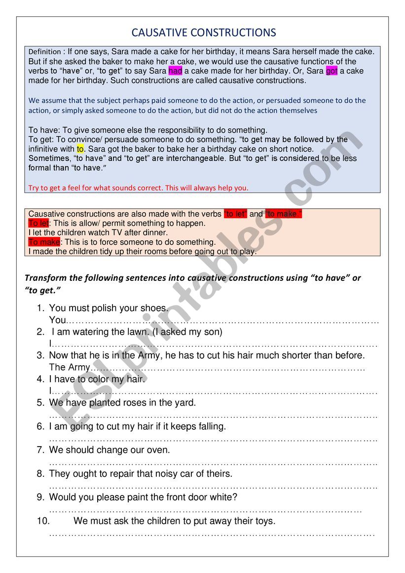 CAUSATIVE CONSTRUCTIONS worksheet