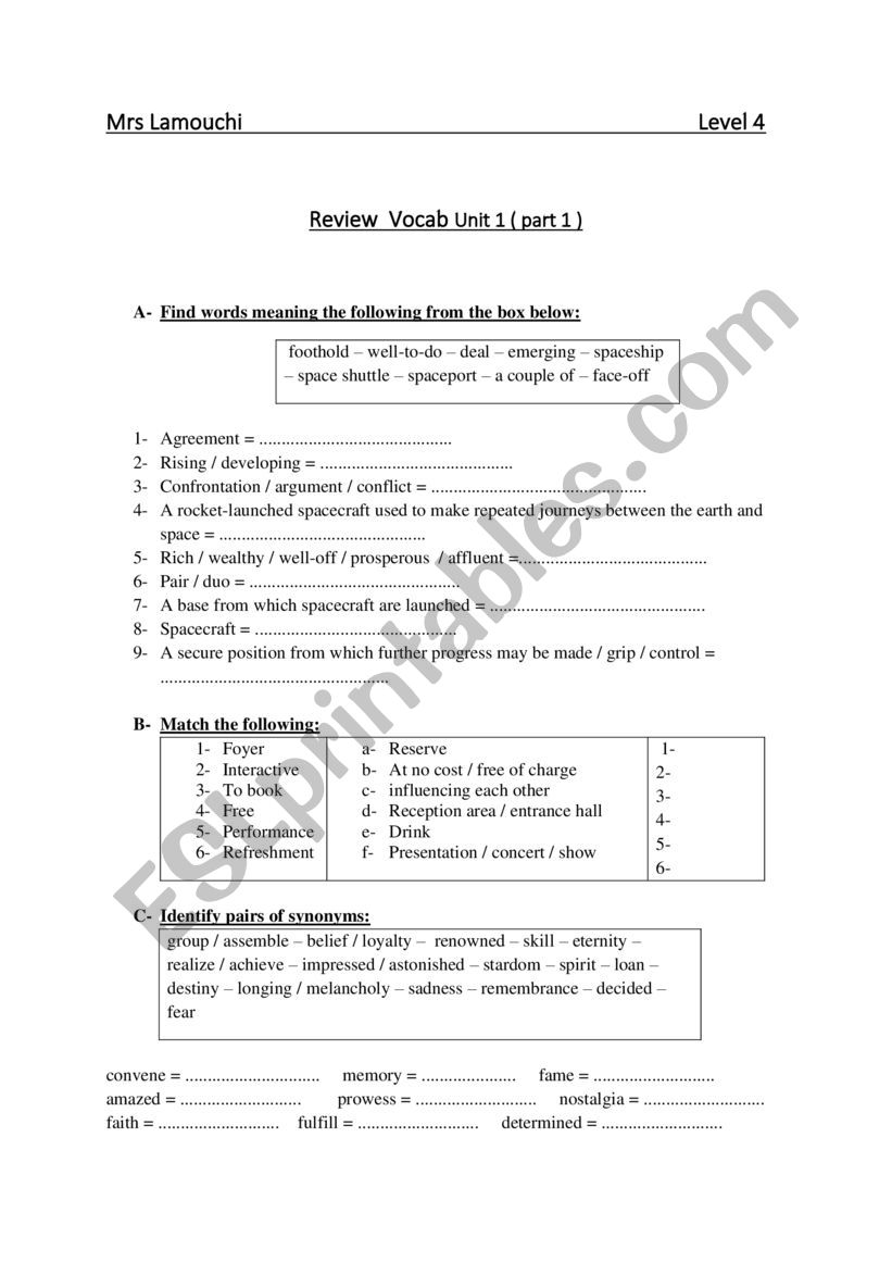 Review Vocab Unit 1 level 4 worksheet