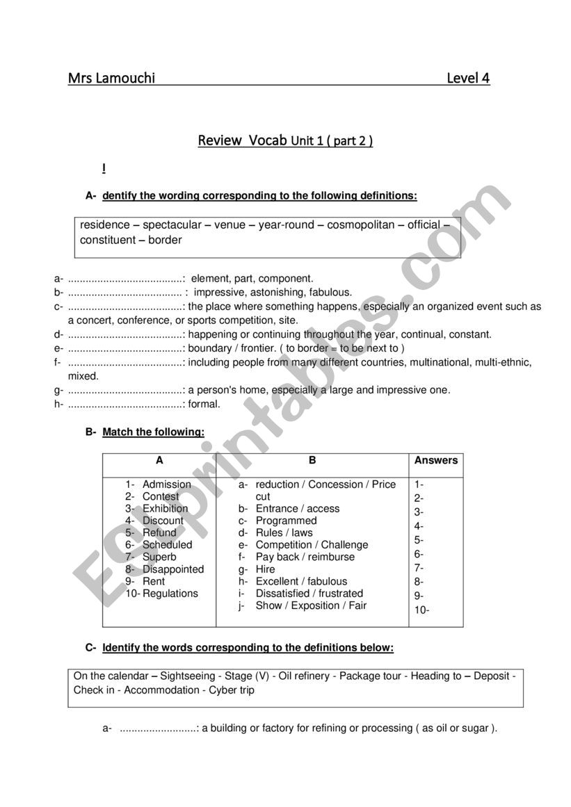 Review Vocab Unit 1 ( part 2 ) level 4