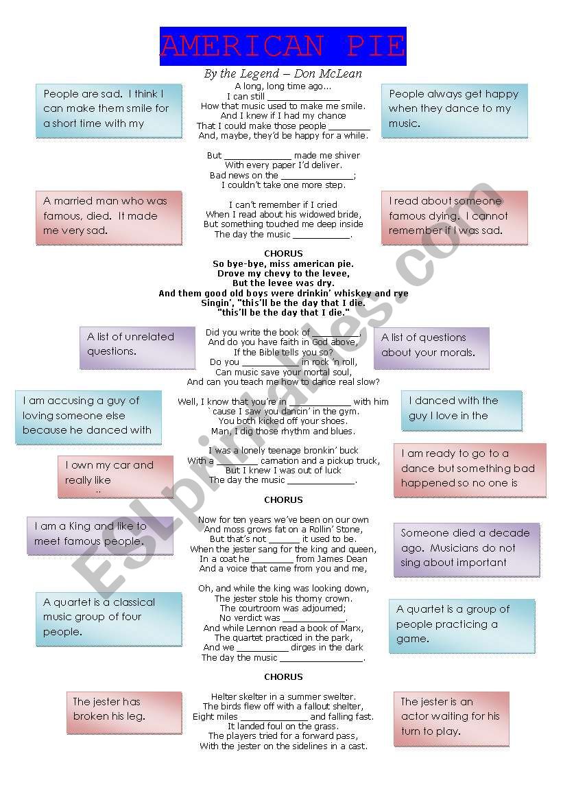 AMERICAN PIE by Don McLean worksheet