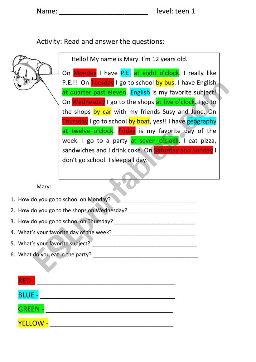 MARY worksheet