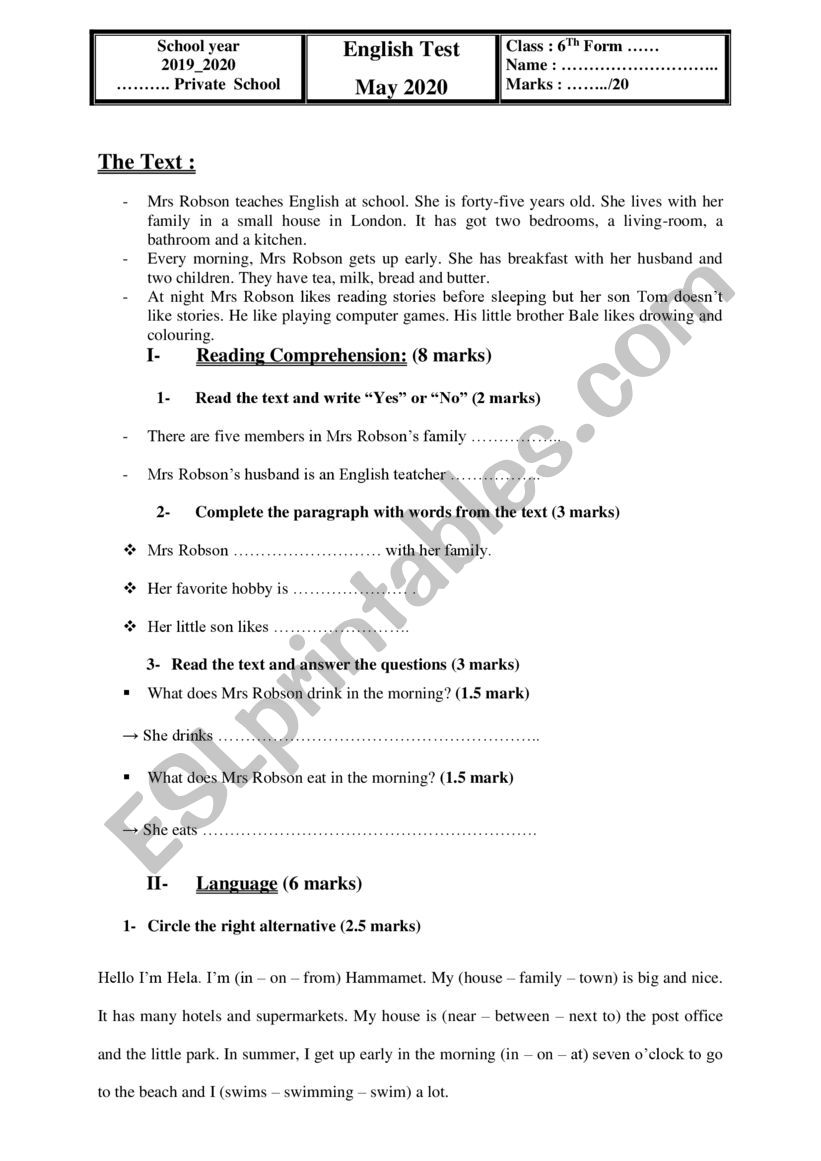 mock test worksheet