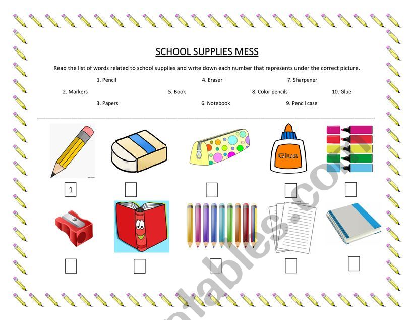 School supplies mess worksheet