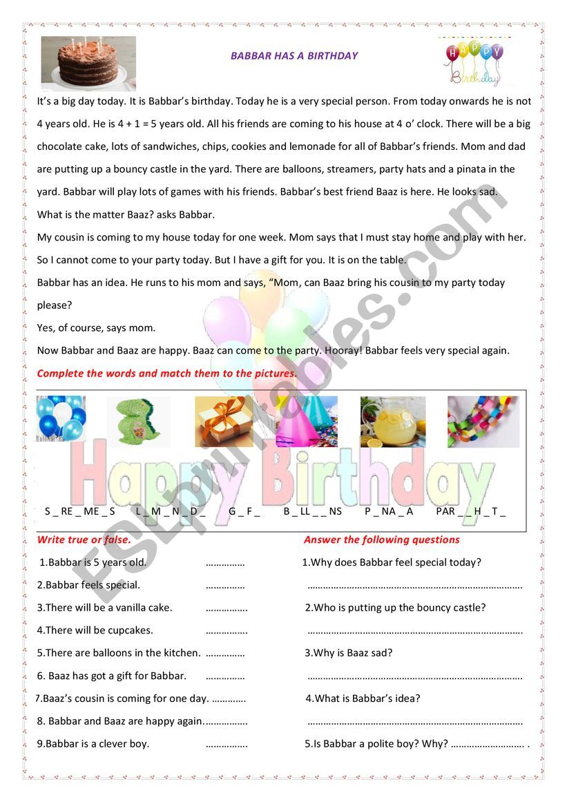 BABBAR HAS A BIRTHDAY worksheet