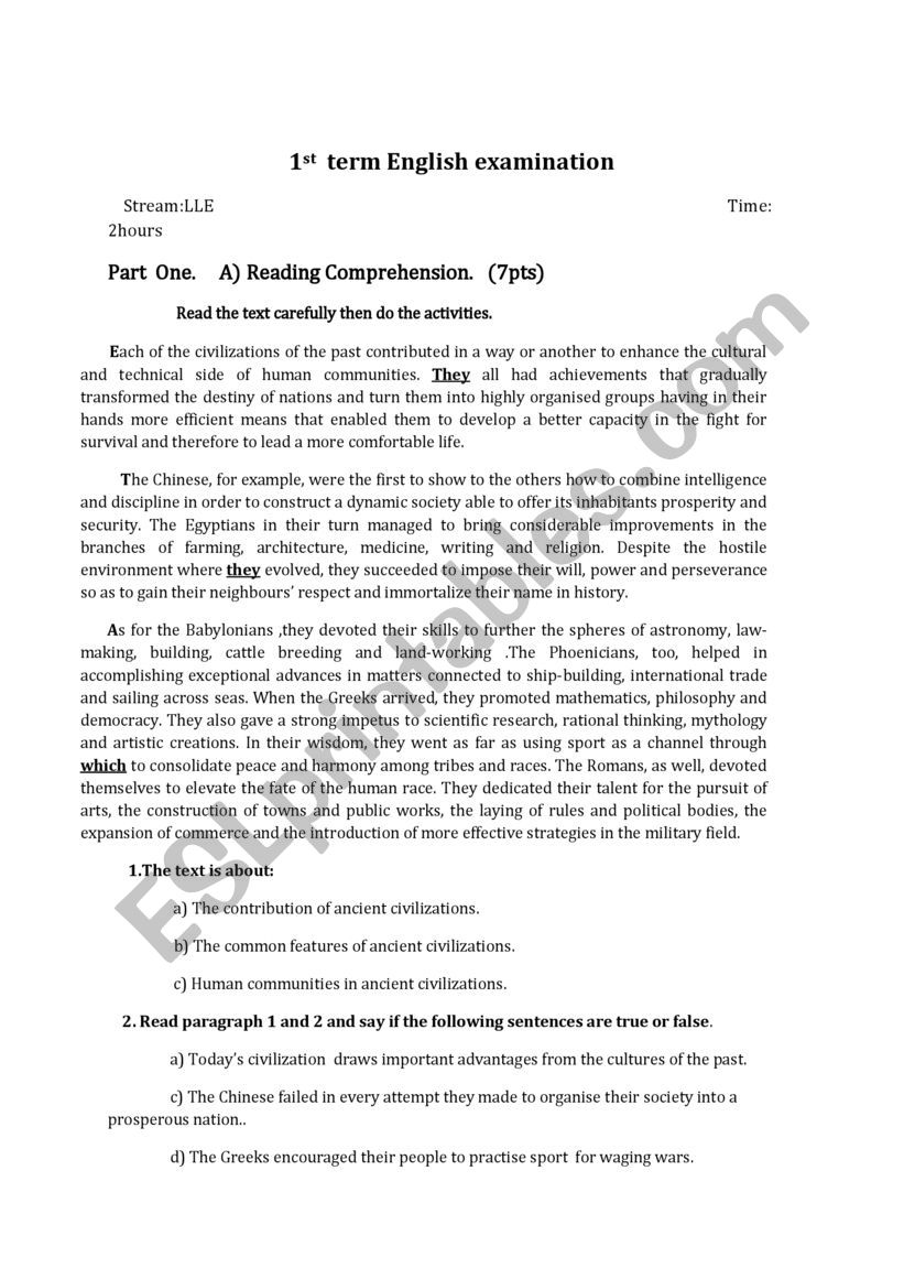 1st  term English examination worksheet