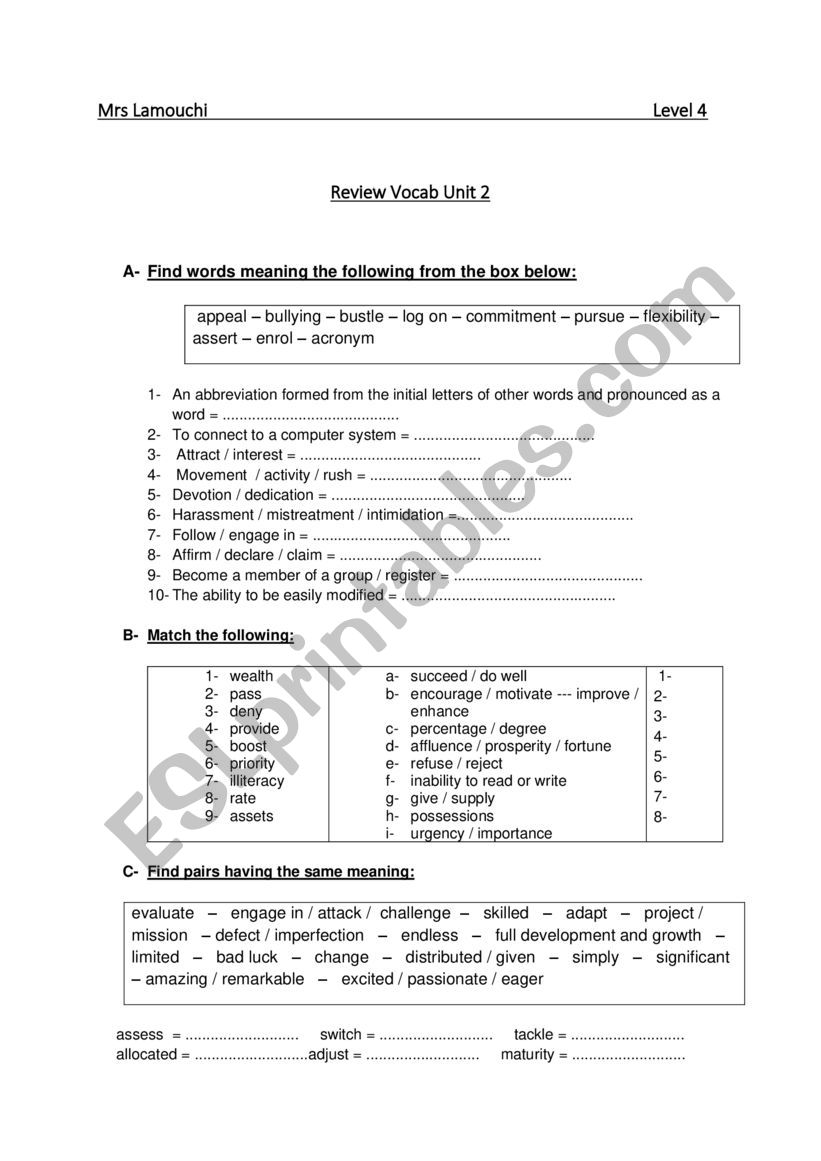 Review Vocab Unit 2 /  level 4