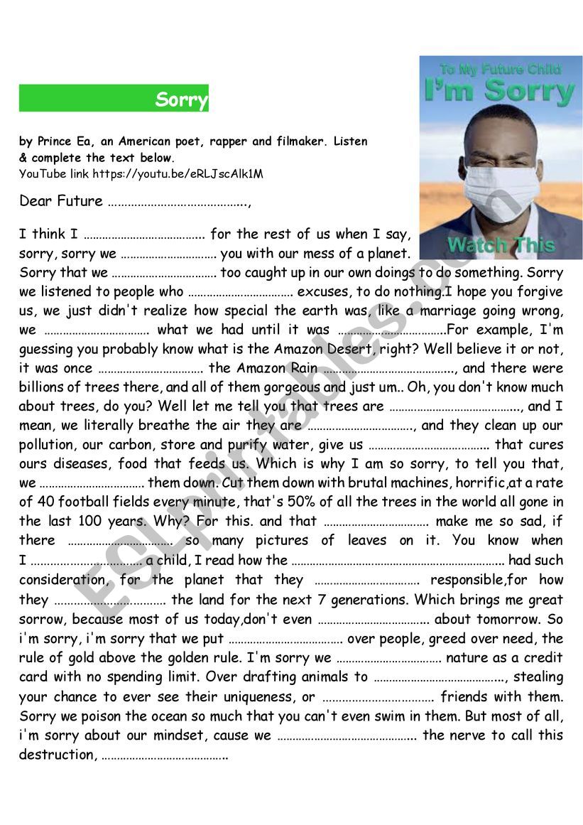 SORRY by Prince EA worksheet