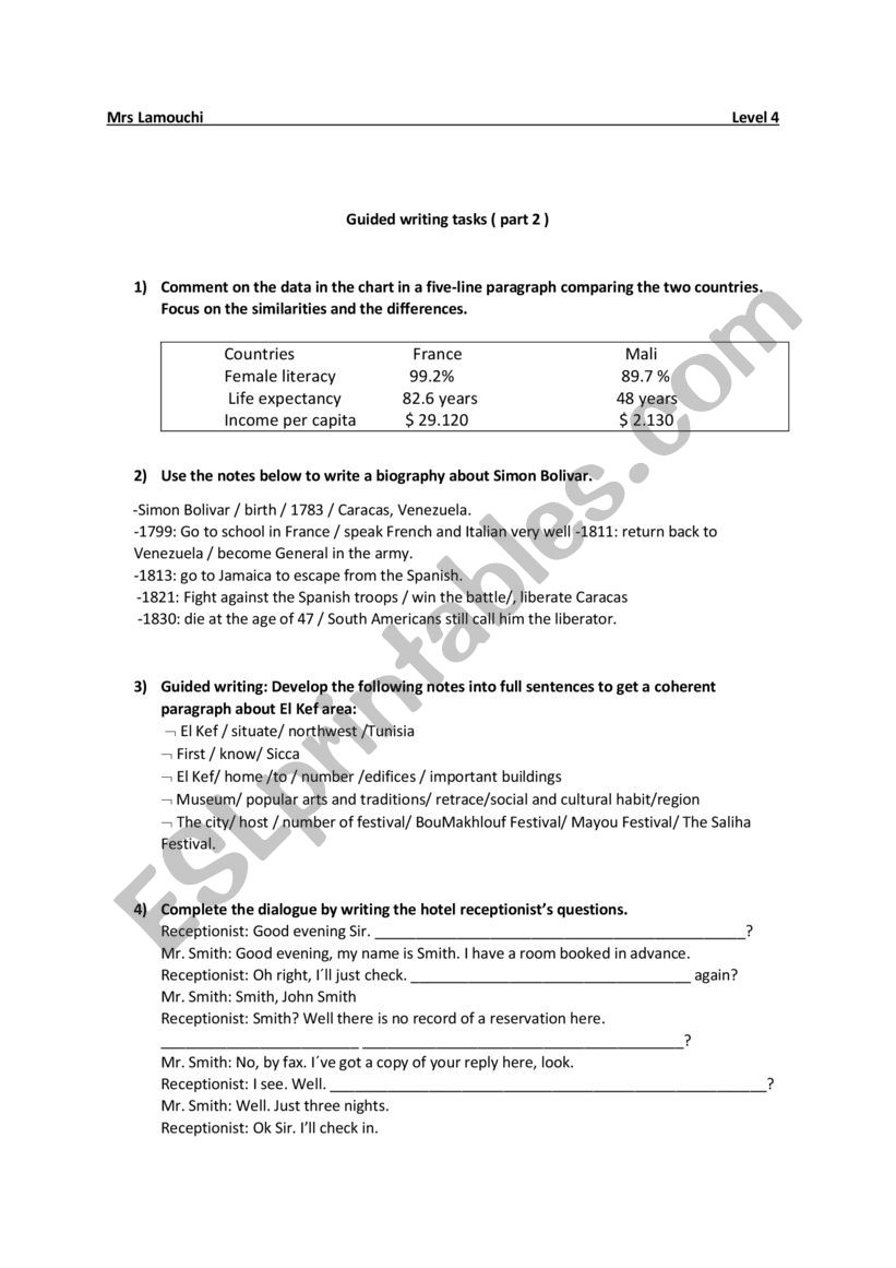 Guided writing activities / Level 19 - ESL worksheet by Fyena