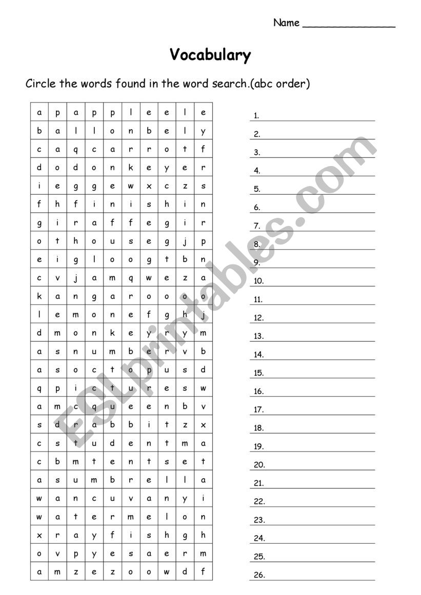 wordsearch   A-Z worksheet