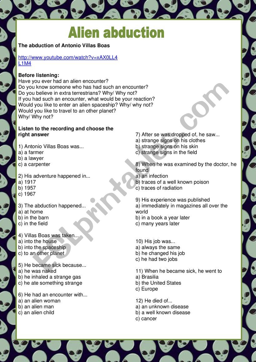 Alien Abduction - Listening worksheet