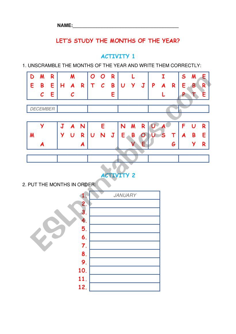 Months of the year worksheet