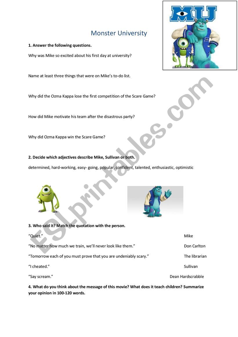 Monster inc worksheet