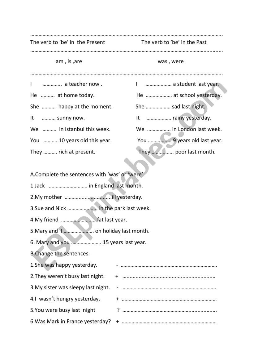 Verb to Be in the past worksheet