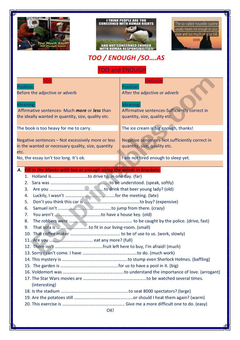 TOO/ ENOUGH/ SO......AS worksheet